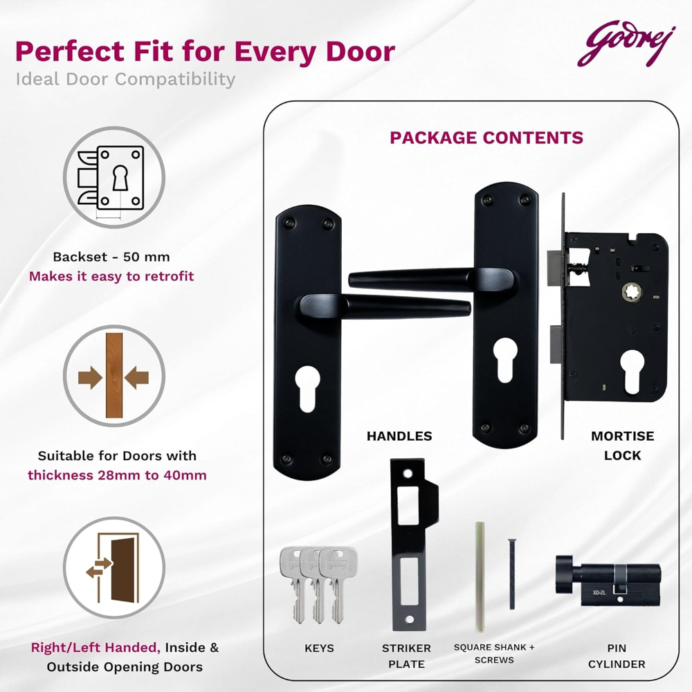 Godrej Mortise Lock I Handle Set 1CK EM01 I Matt Black Finish I 6-Lever Lock I 3 Keys I Double Throw I Left or Right Handed Door Operation I Mortise Lock with Latch for Home | 5 Years Warranty